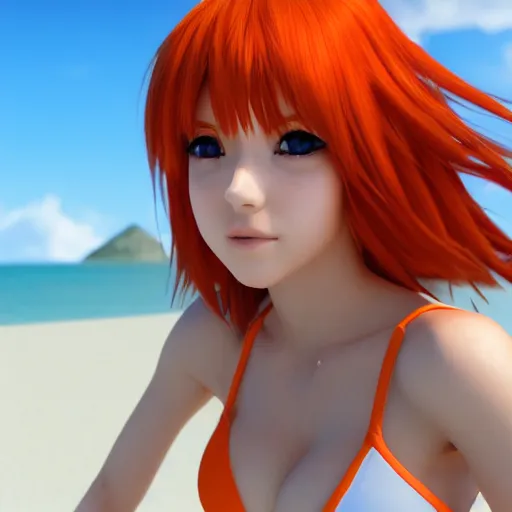 Image similar to render as a very beautiful 3d anime girl, short orange red hair, hazel eyes, full round face, short smile, white silver bikini, serene beach setting, cinematic lightning, medium shot, mid-shot, highly detailed, trending on Artstation, Unreal Engine 4k, cinematic wallpaper