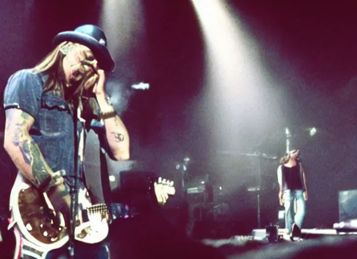 Prompt: polaroid movie still of kid rock crying during a concert in woketown