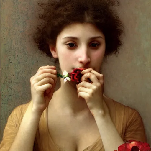 Image similar to painting portrait of a woman eating a flower, intricate, elegant, digital painting, smooth, sharp focus, shiny gold, realistic gold, realistic metal, by William-Adolphe Bouguereau and Gustav Klimt,