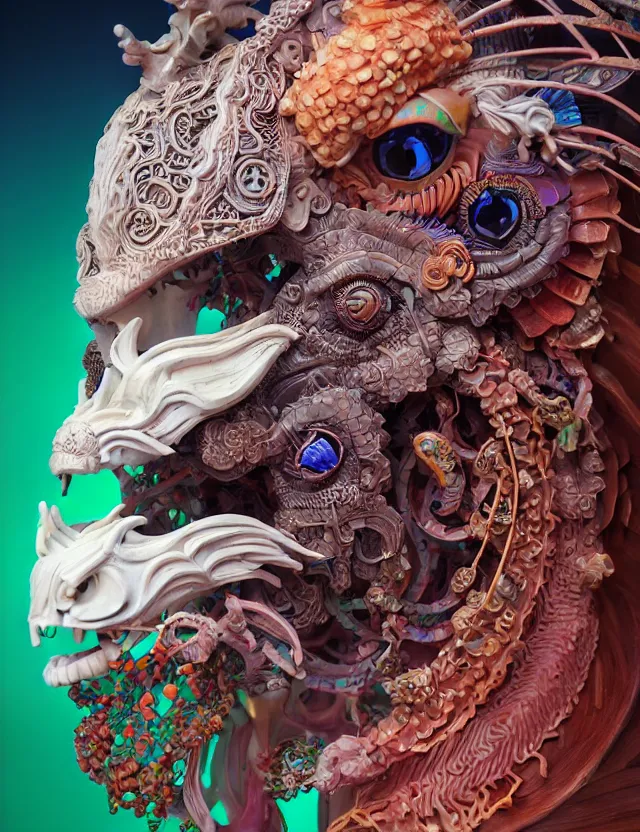 Image similar to 3 d goddess close - up profile solarpunk portrait ram skull. beautiful intricately detailed japanese crow kitsune mask and clasical japanese kimono. betta fish, jellyfish phoenix, bio luminescent, plasma, ice, water, wind, creature, artwork by tooth wu and wlop and beeple and greg rutkowski