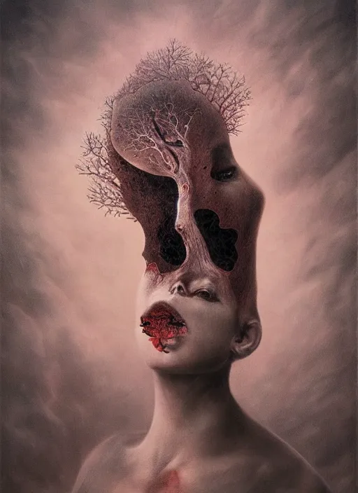 Image similar to dramatic matte portrait painting of woman with black mandelbrot fractal instead of face, in style of zdzisław beksinski, horror, body horror, dark art, 4 k, detailed, realistic, psychotic, insane, crazy, mental illness, dramatic,