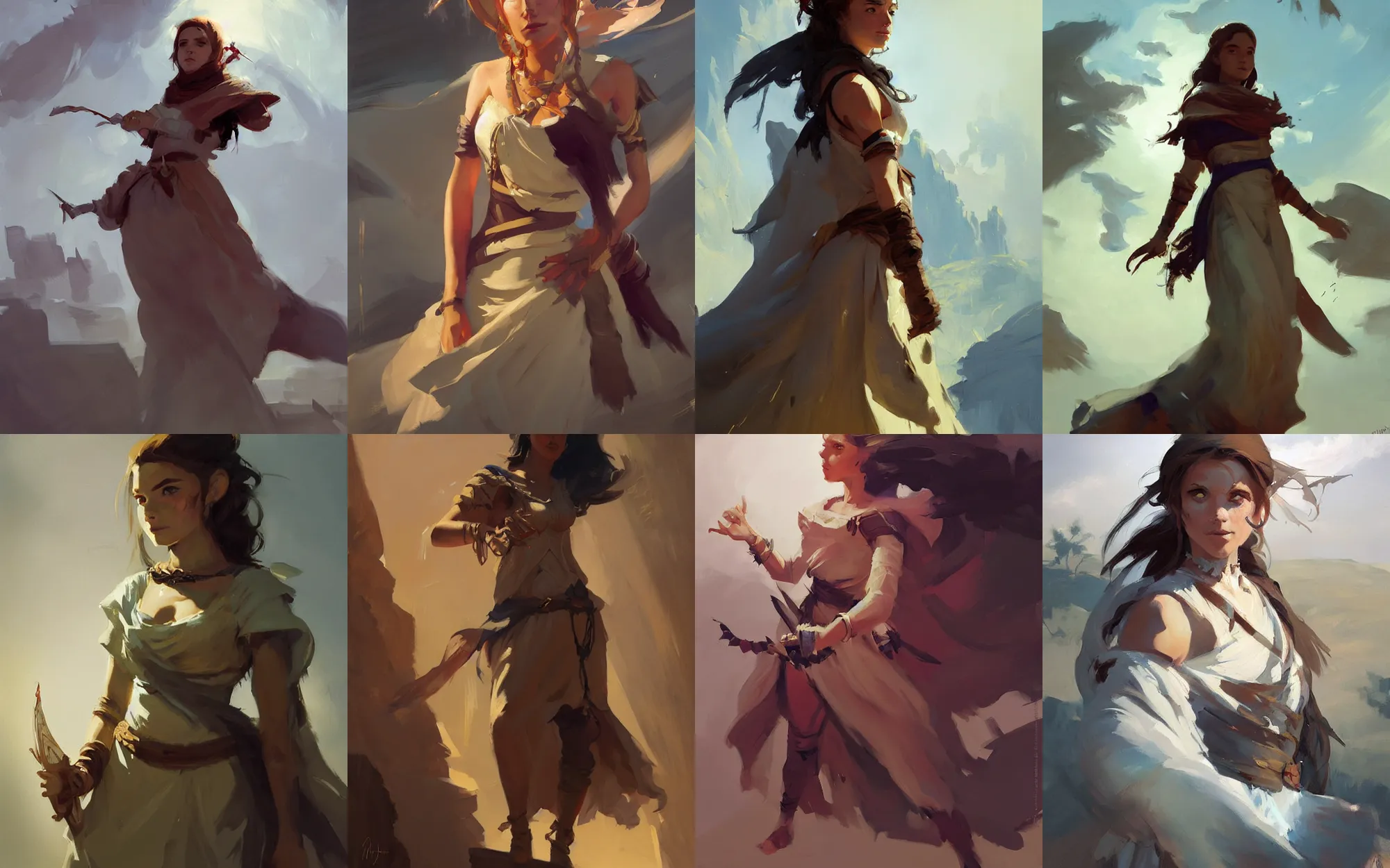 Image similar to portrait of nomad young girl in dress cloth greg manchess portrait painting of bard, d & d, fantasy, medium shot, asymmetrical, intricate, elegant, matte painting, illustration, hearthstone, by greg rutkowski, by greg tocchini, by james gilleard, by joe fenton