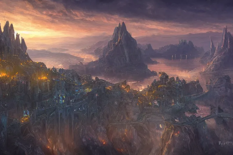 Image similar to high aerial shot, fantasy landscape, sunset lighting ominous shadows, cinematic fantasy painting, dungeons and dragons, a port city, harbor, bay, with an elvish fortress inspired by the syndey opera house by jessica rossier and brian froud