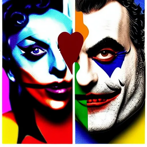 Prompt: richard hamilton and mimmo rottela as lady gaga harley queen and joaquin phoenix joker couple, pop art, 2 color, left align, object details, dynamic composition, 4 k, ultra realistic art, smooth, sharp focus, illustration, concept art, intricate details, h 7 6 8