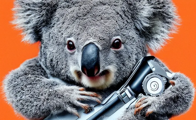 Image similar to “ cute koala with very big eyes, wearing a bandana and chain, holding a laser gun, standing on a desk, digital art, award winning ”