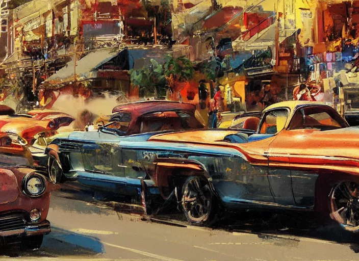 Prompt: hotrods driving down a street , vintage, high detail, 4K, by John Berkey