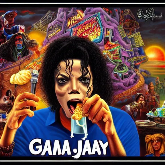 Prompt: gamma ray album cover featuring photo of michael jackson eating funnel cake, power metal album cover, trending on artstation, intricately detailed, highly detailed, classic, award winning