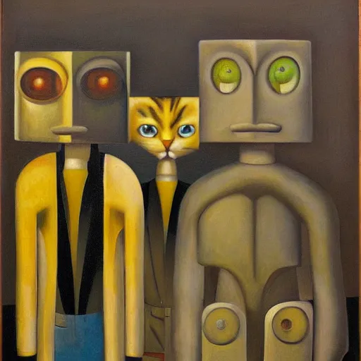 Image similar to three brutalist feline robots portrait, grant wood, pj crook, edward hopper, oil on canvas