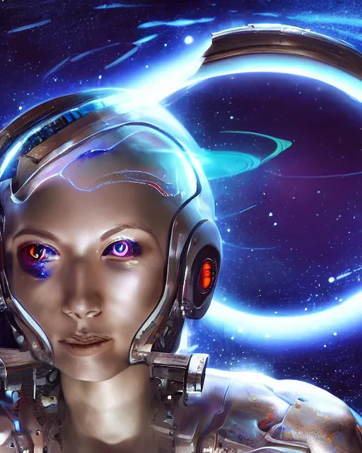 Prompt: A female cyborg extraterrestrial warrior with beaming nebulous eyes writing on a three-dimensional computer hologram, inside her spacecrft as backdrop, insanely detailed, digital art