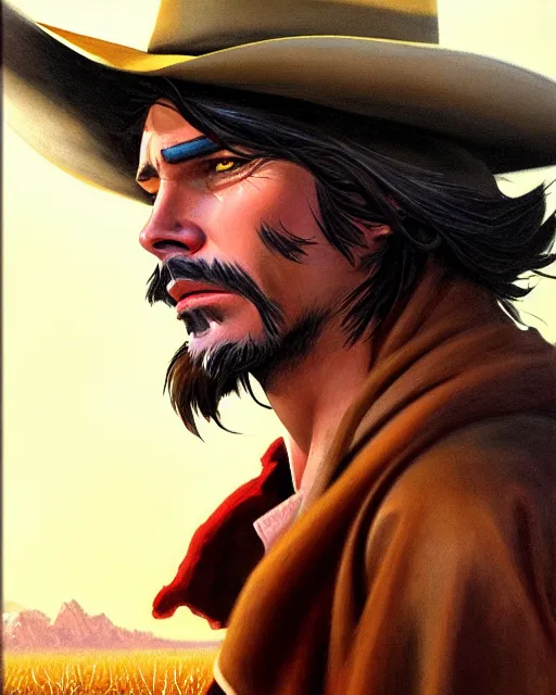 Image similar to mccree from overwatch, in a torn poncho, windy, character portrait, portrait, close up, highly detailed, intricate detail, amazing detail, sharp focus, vintage fantasy art, vintage sci - fi art, radiant light, caustics, by boris vallejo