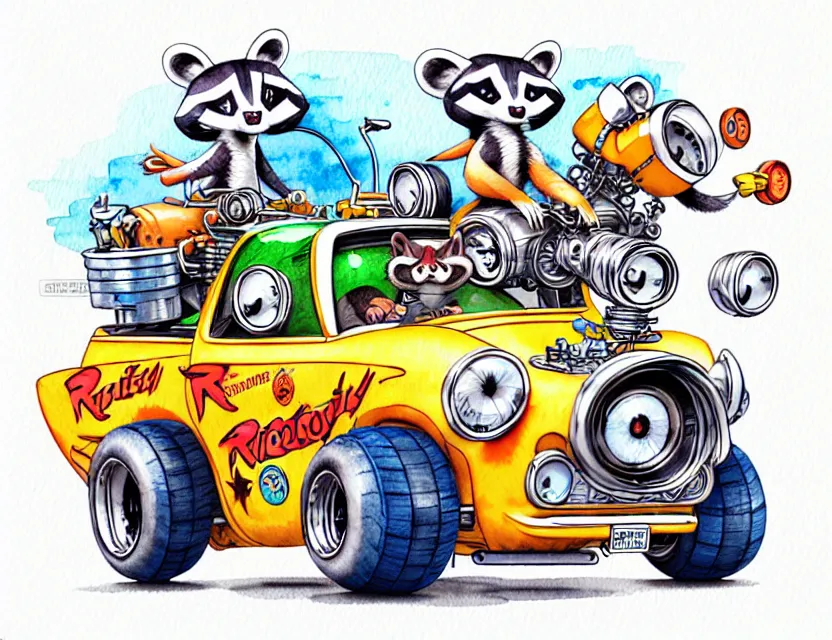 Image similar to cute and funny, racoon riding in a tiny hot rod with oversized engine, ratfink style by ed roth, centered award winning watercolor pen illustration, isometric illustration by chihiro iwasaki, edited by range murata, tiny details by artgerm and watercolor girl, symmetrically isometrically centered