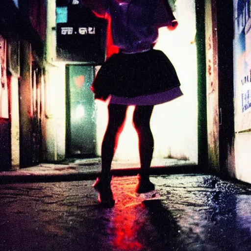 Image similar to 1990s perfect 8K HD professional cinematic photo of close-up japanese schoolgirl dancing in dystopian alleyway with neon signs, at evening during rain, at instagram, Behance, Adobe Lightroom, with instagram filters, depth of field, taken with polaroid kodak portra