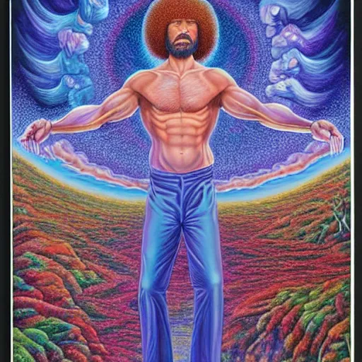 Image similar to bob ross painting but it's by alex grey