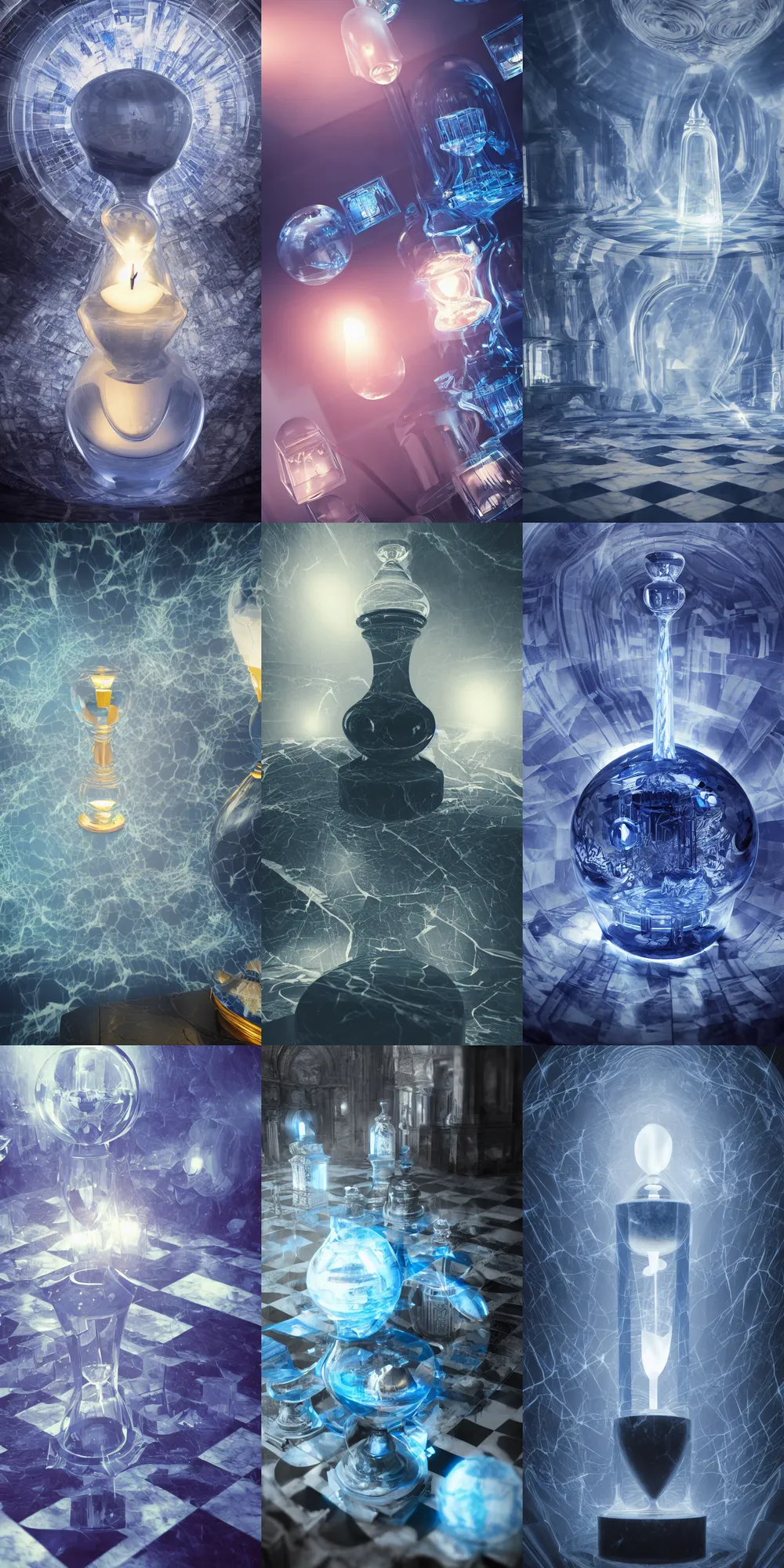 Prompt: blue chessboard inside a marble, hourglass, lightning, intricate detail, volumetric lighting, epic composition, hyper detailed, ultra realistic, sharp focus, octane render, candle, volumetric, ray tracing, artstation trending, cgsociety, sense of awe, swirling mist, 4 k