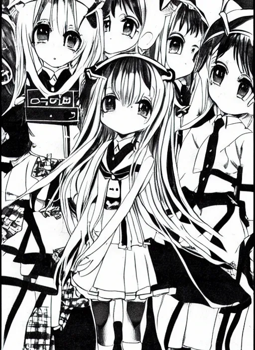 Image similar to manga style, black and white manga, multi - panel kawaii chibi manga, school girl kuudere, by gen urobuchi and yuyuko takemiya, japanese language