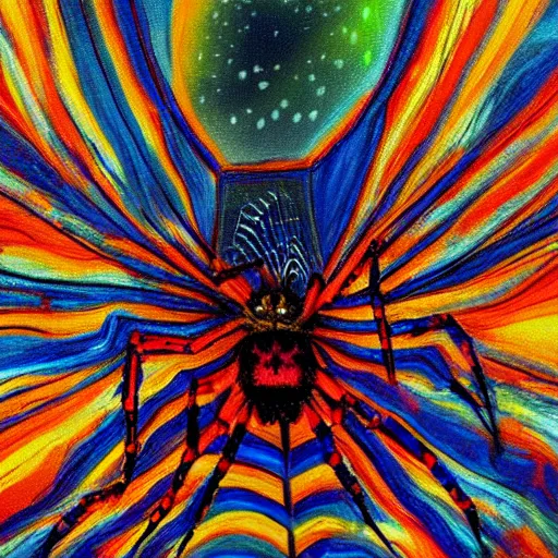 Prompt: an acrylic painting on canvas of a spider catching his next meal in his web, spiderweb landscape, striking colors, masterpiece, psychedelic