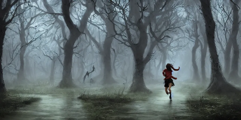 Prompt: an environmental concept art of a scared woman running in a haunted forest, rainy, highly detailed, cinematic, dramatic lighting by francis tneh