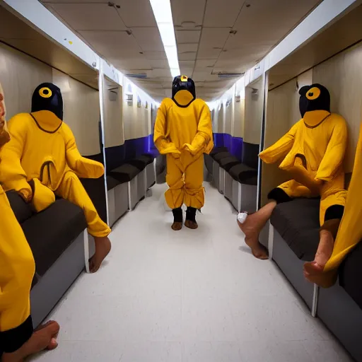 Prompt: several men with bee costumes in the corridor of a capsule hotel