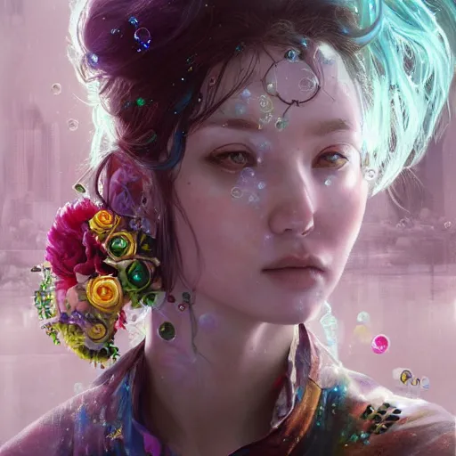 Prompt: a painting of a woman with bubbles in her hair, cyberpunk art by yoshitaka amano, cgsociety, fantasy art, detailed painting, made of flowers, fantasy