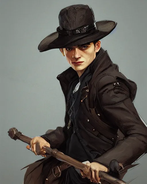 Prompt: ''portrait of kaz brekker from six of crows with a hat holding a staff, lol, fantasy, d & d, digital painting, artstation, concept art, sharp focus, illustration, art by greg rutkowski and alphonse mucha''