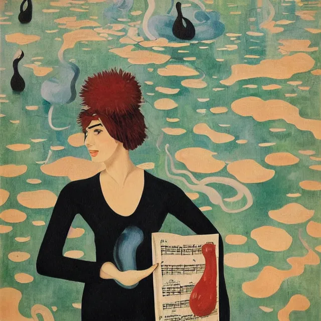 Prompt: tall female catgirl artist holding sheet music in her flooded apartment, pomegranates, octopus, water gushing from ceiling, painting of flood waters inside an artist's apartment, a river flooding indoors, mushrooms, ikebana, zen, rapids, waterfall, black swans, canoe, berries, acrylic on canvas, surrealist, by magritte and monet