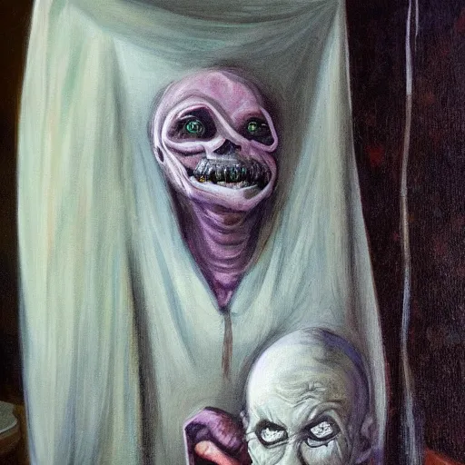 Image similar to creepy old cursed witch watching you sleep, eerie, haunted, oil painting