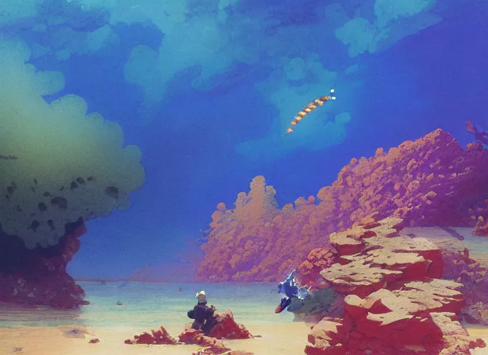 Prompt: vintage anime cinematic robotic fish emerging from lush coral reef cave mountain by Ivan Aivazovsky, watercolor concept art by Syd Mead, by william herbert dunton, watercolor strokes, japanese woodblock, by Jean Giraud