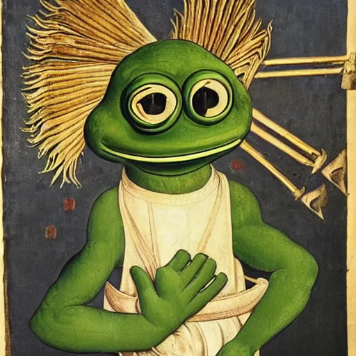 Image similar to pepe the frog in ww 1 military parade, schirmmutzen, pickelhaube, painting by sandro botticelli and leonardo da vinci, uncropped