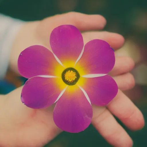 Image similar to closeup photo of rainbow - colored flower with 7 petals, held by hand, shallow depth of field, cinematic, 8 0 mm, f 1. 8