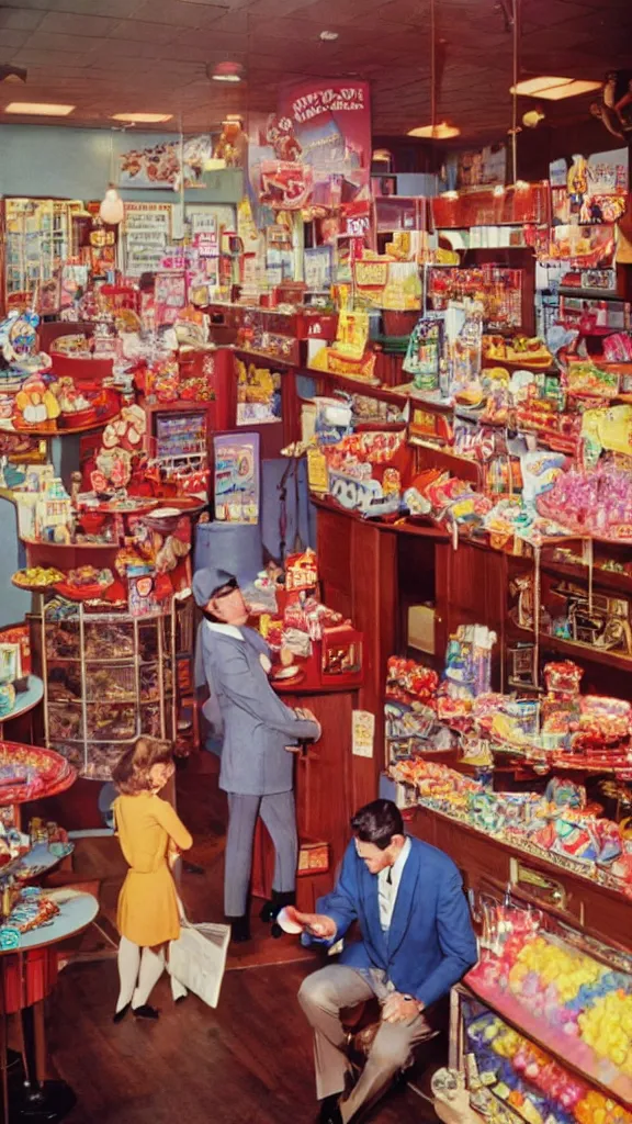 Image similar to 6 0 s photo of a business man in a candy shop, kodachrome