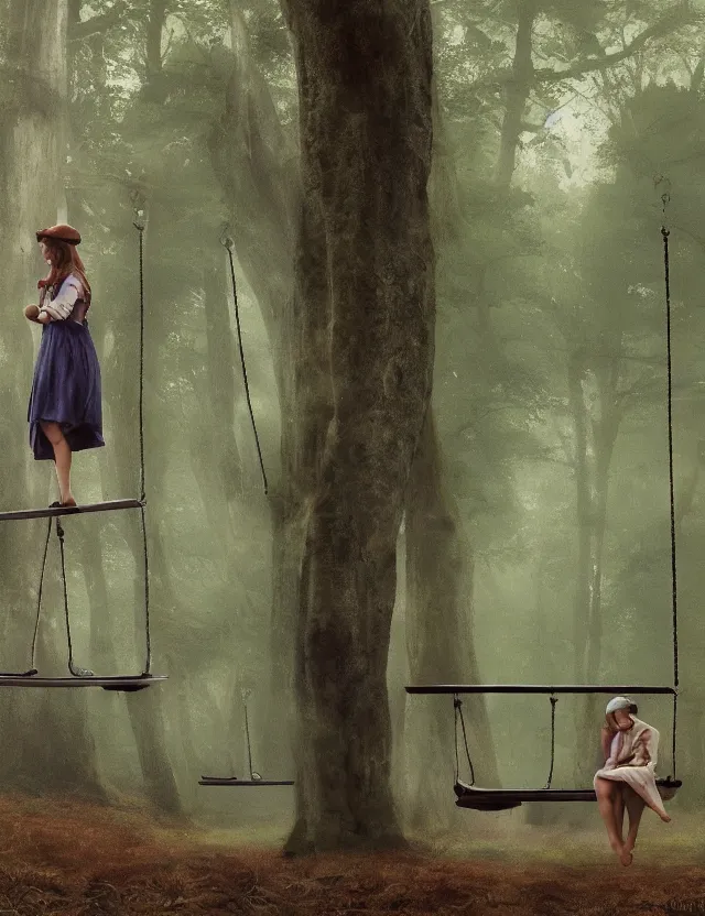 Prompt: two peasant girls standing on hanging swings in the forest, motion photo, Cottage core, Cinematic focus, Polaroid photo, vintage, neutral colors, soft lights, foggy, by Steve Hanks, by Serov Valentin, by lisa yuskavage, by Andrei Tarkovsky, by Terrence Malick, by Krenz Cushart, 8k render, detailed, oil on canvas