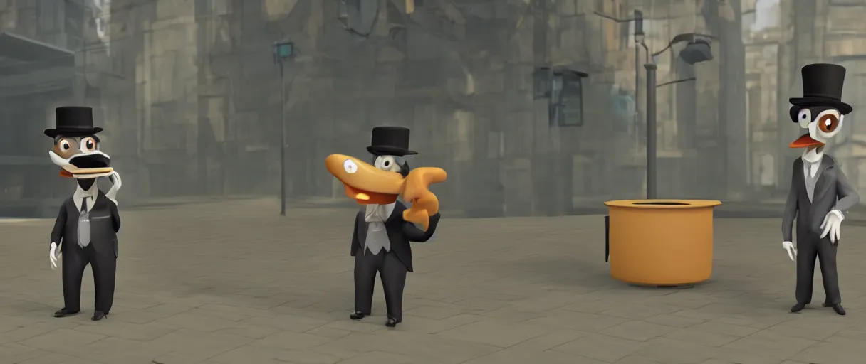 Image similar to a strange anthropomorphic platypus creature wearing a suit and bowler hat going to job interview | unreal engine:.7