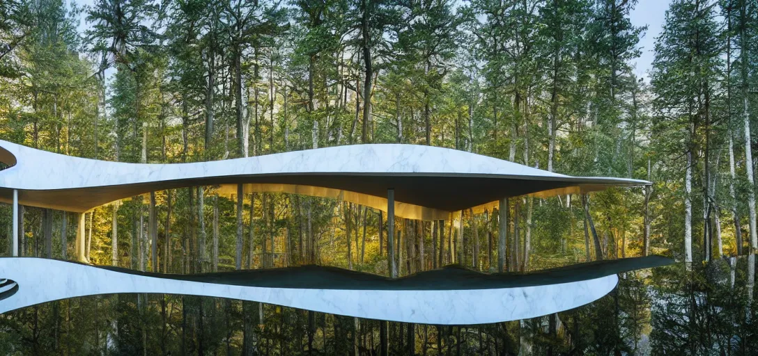 Image similar to curved roof planes lift and descend creating shade and architectural expression, highly detailed, situated in the forest, next to a highly reflective lake, marble, vivid color, high resolution photography, mist, luxury