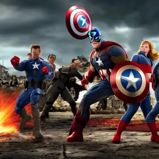 Image similar to Marvel's Avengers fight in World War II, hyper realistic, 4k, 8k, cinematik