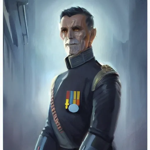 Image similar to portrait of a man by greg rutkowski, great admiral thrawn from star wars, blue skin, short black hair in military style, tall, star wars expanded, universe, he is about 5 0 years old, wearing white colored imperial admiral uniform, artstation hq