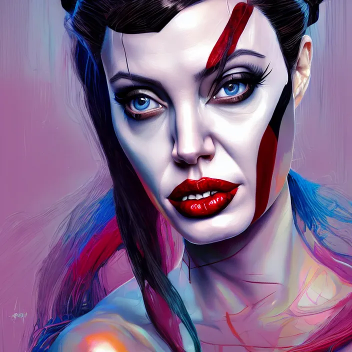 Image similar to portrait of Angelina Jolie as a harley quinn. intricate abstract. intricate artwork. by Tooth Wu, wlop, beeple, dan mumford. octane render, trending on artstation, greg rutkowski very coherent symmetrical artwork. cinematic, hyper realism, high detail, octane render, 8k, iridescent accents