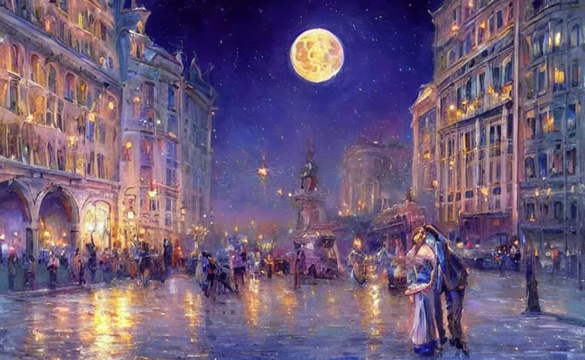 Prompt: Beautiful alchemy cityscpae, the moon is in the sky. By Konstantin Razumov, highly detailded