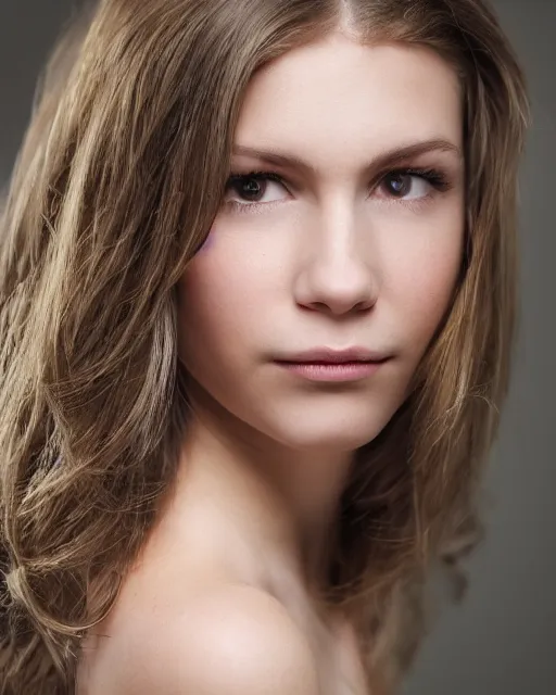 Image similar to a highly realistic, true to life portrait of a beautiful young caucasian girl, sharp focus, from the waist up, with sharp features, a beautiful face, soft smile, under studio lighting, taken with a canon eos camera with 1 3 5 mm focal length