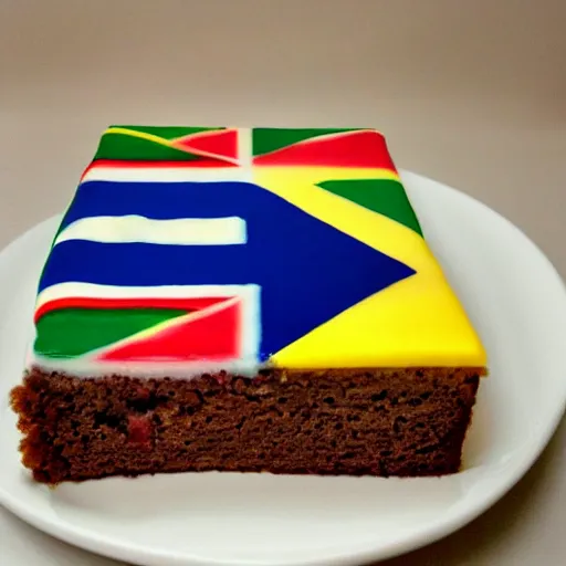 Image similar to slice of cake, the side of the cake is colored with the pattern of the south african flag, south african flag cake