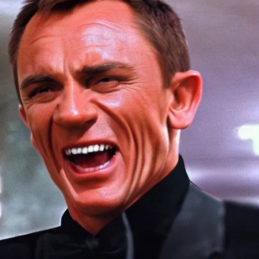 Image similar to James Bond laugh in front of his food