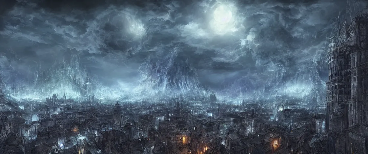 Image similar to digital concept art of large eldritch lovecraftian horror looming over city, dark souls style, volumetric lighting, large scale, night time, moon rays, high detail