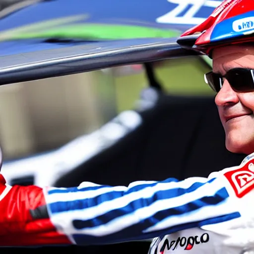 Prompt: Carlo Calenda driving a race car in pole position