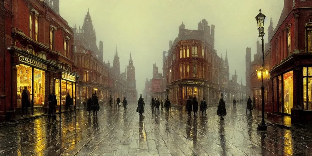 Prompt: Victorian city street with front view of shops on a rainy day in London, evening, low angle view, detailed matte painting, cinematic, John Atkinson Grimshaw, Artstation