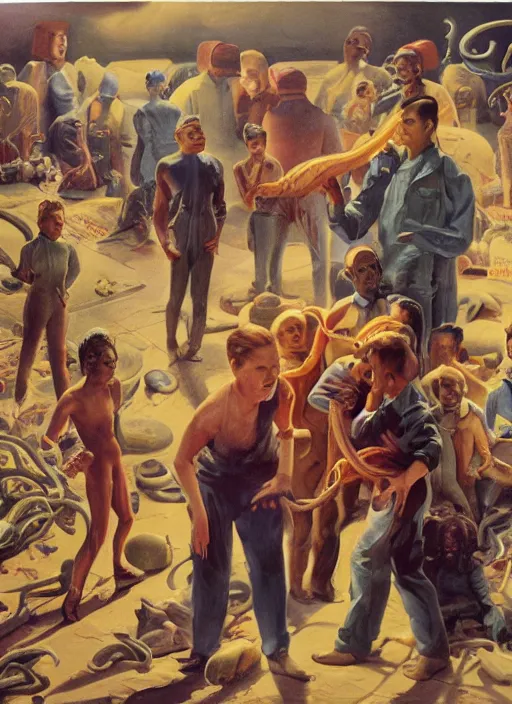 Prompt: a group of people standing around a cardboard box full of tentacled alien babies, an ultrafine detailed painting by john philip falter, shutterstock, american scene painting, movie still, poster art