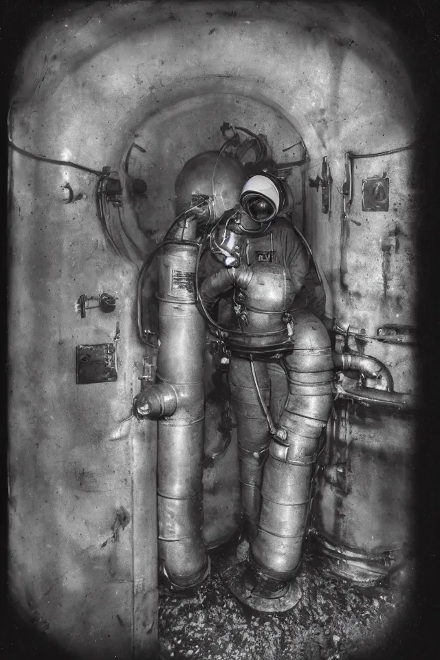Prompt: wet plate photograph astronaut in victorian era boiler room, coal dust