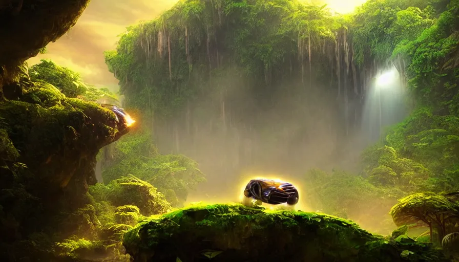 Prompt: a distant scifi flying car floating in a prehistoric jungle cave, lush flora, waterfall, sunset, hazy, volumetric lighting, rtx on, photorealistic render, great composition, very detailed