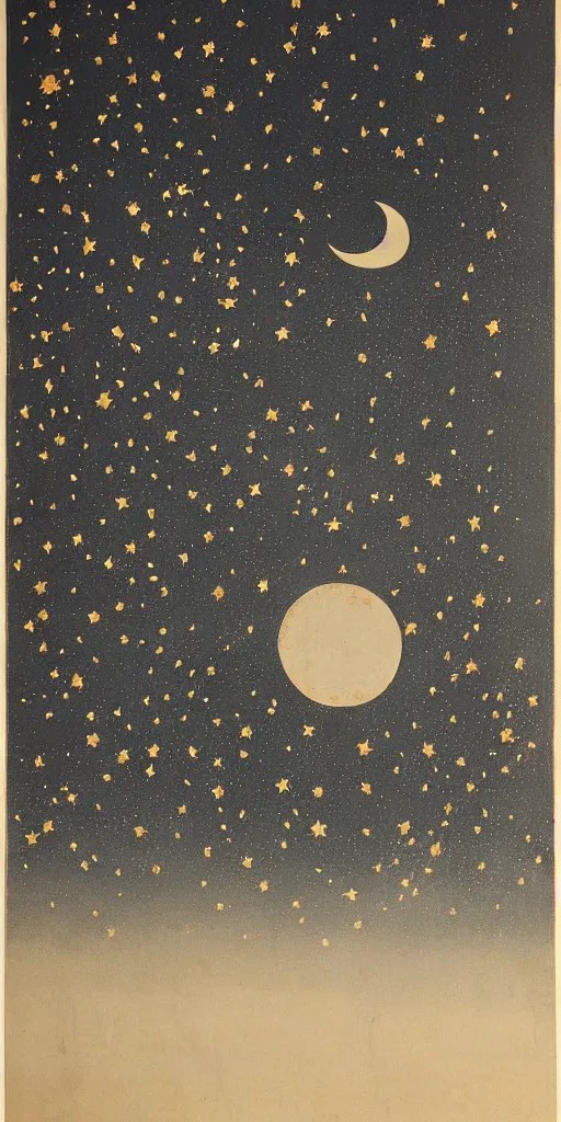 Image similar to oriental painting of the stars, the moon is far above, detailed, refined, high quality, parchment, blackened space, lots of stars