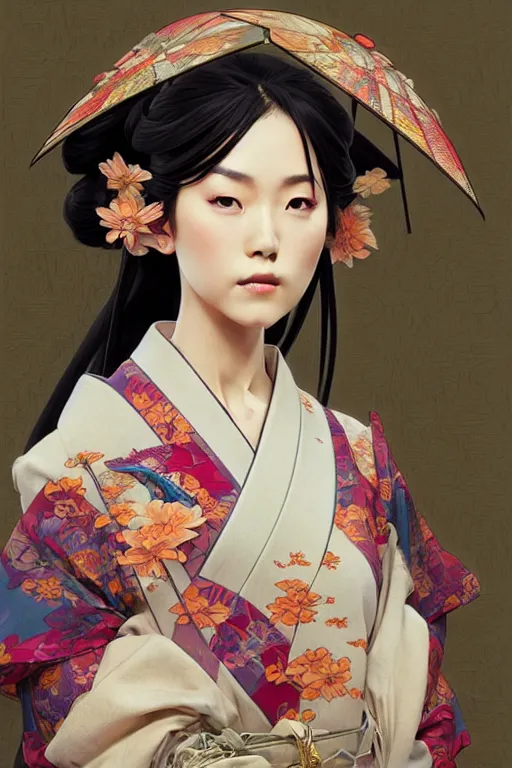 Image similar to A Japanese girl wearing a kimono, D&D, fantasy, intricate, elegant, highly detailed, digital painting, artstation, concept art, matte, sharp focus, illustration, art by Artgerm and Greg Rutkowski and Alphonse Mucha