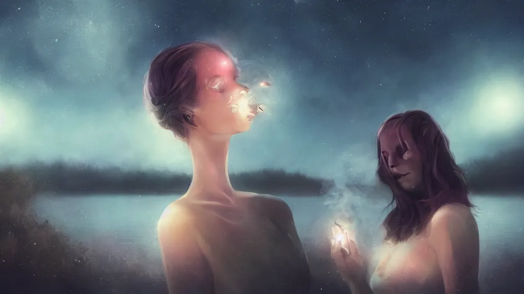 Image similar to whimsical, a beautiful playful woman, wearing professional makeup, standing in a lake, blowing trippy smoke, under the stars, with a binary black hole with a ring in the sky, by Lois van Baarle, by Greg Rutkowski, by Ilya Kuvsninov, cinematic angle, face enhance, volumetric lighting, cinematic lighting, digital art, 4k resolution, octane render, trending on artstation, masterpiece