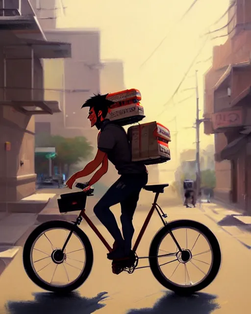 Prompt: a ultradetailed painting of a uber eats food delivery guy on a bicycle, greg rutkowski and makoto shinkai trending on artstation